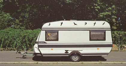 Caravana blanca clásica con franjas oscuras y siluetas de pájaros aparcada en la calle junto a un seto y árboles