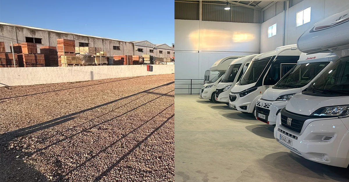 Parking de caravanas en Silla (Valencia): plazas exteriores de gravilla y nave interior cerrada con autocaravanas