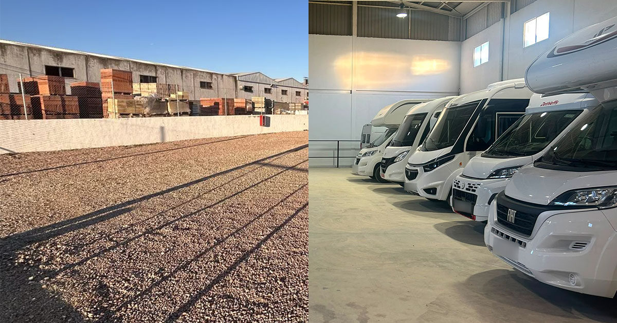 Parking de caravanas en Silla (Valencia): plazas exteriores de gravilla y nave interior cerrada con autocaravanas